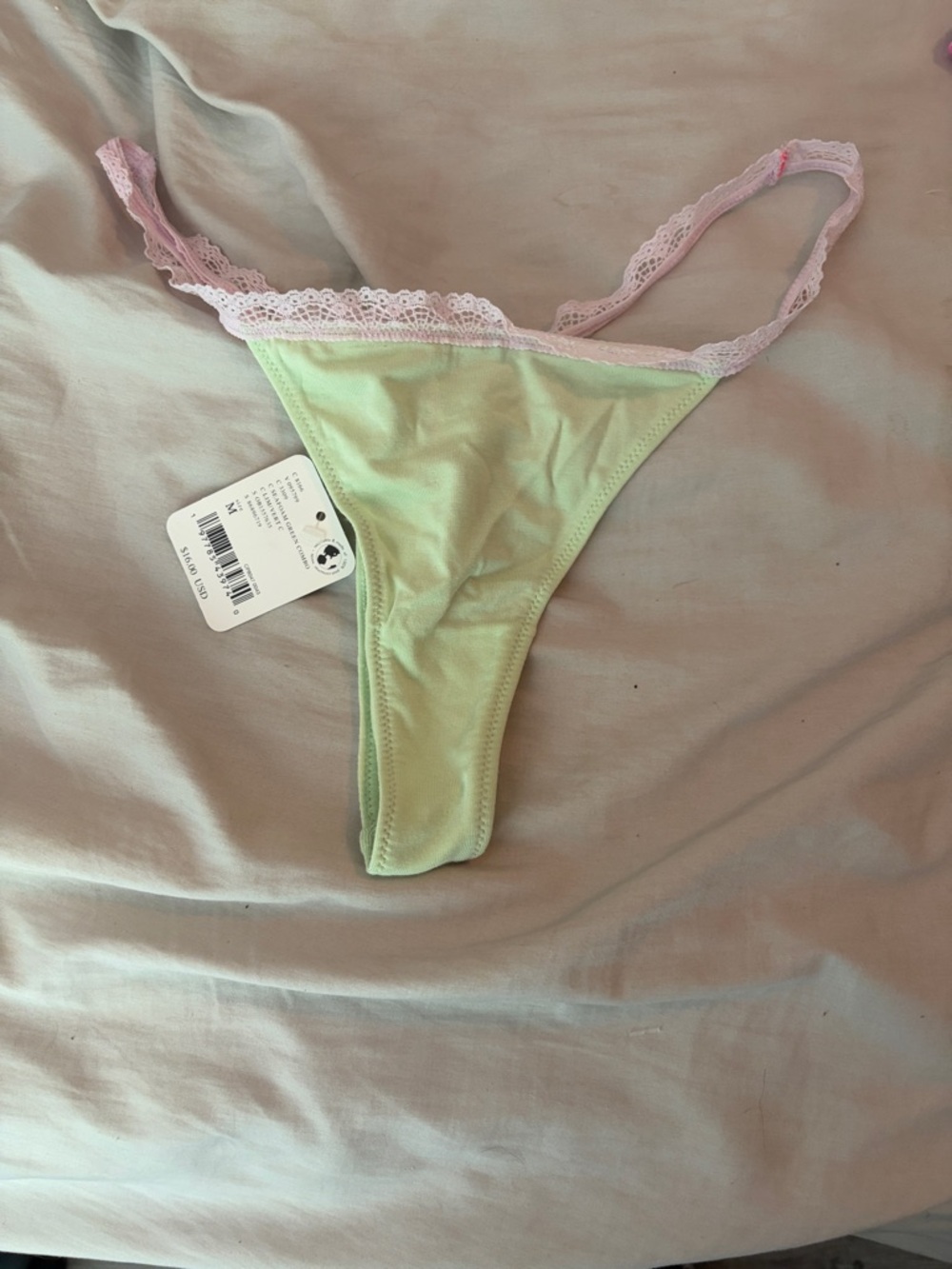 NWT free people‎ Women's Lace-Trim Thong Panty - Light Green with Pink Lace